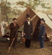[President Abraham Lincoln, Major General John A. McClernand (right), and E. J. Allen (Allan Pinkerton, left), Chief of the Secret Service of the United States, at Secret Service Department, Headquarters Army of the Potomac, near Antietam, Maryland], October 3, 1862. (Colorised black and white print