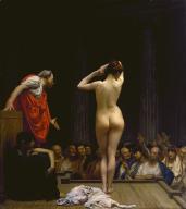 A Roman Slave Market, c1884. G&#xe9;r&#xf4;me depicts a woman being auctioned at a slave market in ancient Rome, foregrounding the sensuality of her nude body in front of a crowd of leering men. The artist painted several scenes of men assessing nude females of different races, the most famous of which portrayed a white courtesan on trial in ancient Greece, Phryn&#xe9; before the Areopagus, which was exhibited in 1861. G&#xe9;r&#xf4;me&#x2019;s focus on a white enslaved woman in A Roman Slave Market may have been influenced by the influx of Circassian women who were sold into slavery in the 1860s following the Russian defeat of the Circassians during the Caucasian War. G&#xe9;r&#xf4;me&#x2019;s depictions of female nudes displayed in slave markets circulated widely in the 19th century as prints and photographs, providing contemporary viewers with imagery for titillation despite&#x2014;or perhaps undeterred by&#x2014;the brutal subject matter