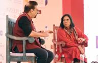 JAIPUR, INDIA - JANUARY 25: Mira Nair (R) in conversation with Vir Sanghvi during âMira Nair: The Personal and the Politicalâ session in the ZEE Jaipur Literature Festival 2018 at Diggi Palace at on January 25, 2018 in Jaipur, India. (Photo by Raj K Raj/Hindustan Times )