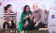 JAIPUR, INDIA - JANUARY 27: Amy Tan, Michael Ondaatje, Mira Nair, Nicholas Shakespeare and Tom Stoppard in conversation with Chiki Sarkar during a session at the 3rd day of Zee Jaipur Literature Festival (JLF), Diggi Palace, on January 27, 2018 in Rajasthan, India. (Photo by Himanshu Vyas/Hindustan Times )