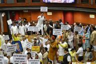 NEW DELHI, INDIA - APRIL 26: BJP and AAP MCD councillors protest against each other during the MCD house meeting at Civic Centre on April 26, 2024 in New Delhi, India. (Photos by Salman Ali\/Hindustan Times