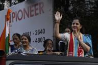KOLKATA, INDIA - APRIL 27: CPI(M) candidate for South Kolkata Lok Sabha constituency Saira Shah Halim (R) with CPI(M) leader Brinda Karat (L) in a campaign rally at Golpark on April 27, 2024 in Kolkata, India. (Photo by Samir Jana\/Hindustan Times