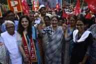 KOLKATA, INDIA - APRIL 27: CPI(M) candidate for South Kolkata Lok Sabha constituency Saira Shah Halim (M) with CPI(M) leader Biman Basu (L), Brinda Karat(2R) and Aishe Ghosh (R) in a campaign rally at Golpark on April 27, 2024 in Kolkata, India. (Photo by Samir Jana\/Hindustan Times