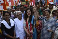 KOLKATA, INDIA - APRIL 27: CPI(M) candidate for South Kolkata Lok Sabha constituency Saira Shah Halim (M) with CPI(M) leader Aishe Ghosh (L), Biman Basu (2L), Brinda Karat (R) in a campaign rally at Golpark on April 27, 2024 in Kolkata, India. (Photo by Samir Jana\/Hindustan Times