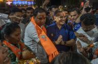 MUMBAI, INDIA - APRIL 27: Former special public prosecutor Ujjwal Nikam contesting the Lok Sabha election from the Mumbai North Central constituency against Congress\'s Varsha Gaikwad, he greeting party workers at Vile parle, on April 27, 2024 in Mumbai, India. (Photo by Satish Bate\/Hindustan Times