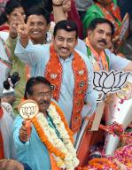 NEW DELHI, INDIA - MAY 8: Rajasthan Minister Rajyavardhan Singh Rathore during the election campaign with BJP candidate from East Delhi Lok Sabha Seat Harsh Malhotra at a Road show, Kalyanpuri, on May 8, 2024 in New Delhi, India. (Photo by Sanjeev Verma\/Hindustan Times