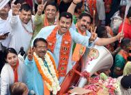 NEW DELHI, INDIA - MAY 8: Rajasthan Minister Rajyavardhan Singh Rathore during the election campaign with BJP candidate from East Delhi Lok Sabha Seat Harsh Malhotra at a Road show, Kalyanpuri, on May 8, 2024 in New Delhi, India. (Photo by Sanjeev Verma\/Hindustan Times