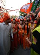 NEW DELHI, INDIA - MAY 8: Artists dressed as lord Ram Sita campaign for BJP candidate from East Delhi Lok Sabha Seat Harsh Malhotra during a roadshow at Kalyanpuri on May 8, 2024 in New Delhi, India. (Photo by Salman Ali\/Hindustan Times