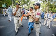 NEW DELHI, INDIA - MAY 9: Delhi Police trying to detain Delhi BJP workers during a protest against Congress party over Sam Pitrodas racist remarks, at outside the Congress office on May 9, 2024 in New Delhi, India. (Photo by Raj K Raj\/Hindustan Times