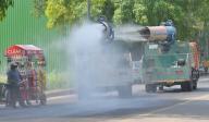 NEW DELHI, INDIA - MAY 12: Anti smog gun sprinkles water to settle down dust particles during heat wave at Kartavya Path , on May 12, 2024 in New Delhi, India. (Photo by Vipin Kumar/Hindustan Times 