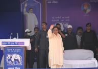 LUCKNOW, INDIA - MAY 13: BSP Supremo Mayawati waves her hand to greet supporters during an Lok Sabha election campaign rally to support her party candidates on May 13, 2024 in Lucknow, India. (Photo by Deepak Gupta Hindustan Times