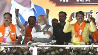 NEW DELHI, INDIA - MAY 18: Prime Minister Narendra Modi with Delhi BJP Northeast delhi Candidates Manoj Tiwari during a Loksabha election campaign rally in Northeast Delhi on May 18, 2024 in New Delhi, India. (Photo by Raj K Raj\/Hindustan Times 