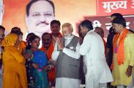 NEW DELHI, INDIA - MAY 18: Prime Minister Narendra Modi meeting with CAA beneficiary Family during a Loksabha election campaign rally in Northeast Delhi on May 18, 2024 in New Delhi, India. (Photo by Raj K Raj\/Hindustan Times 