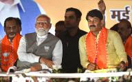 NEW DELHI, INDIA - MAY 18: Prime Minister Narendra Modi with Delhi BJP Northeast delhi Candidates Manoj Tiwari during a Loksabha election campaign rally in Northeast Delhi on May 18, 2024 in New Delhi, India. (Photo by Raj K Raj\/Hindustan Times 