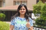 GURUGRAM, INDIA - MAY 25: 20-year-old first time voter Riya showing their inked finger after cast her vote during sixth phase of Lok Sabha elections in a condominium at Sohna road sector-49, on May 25, 2024 in Gurugram, India. Polling for the sixth phase of general elections concluded in 58 constituencies across six states and two Union territories, including all seven seats in Delhi. Voter turnout across six states and two Union Territories during Phase 6 polling has been recorded at approximately 58.84 per cent, according to the Voter Turnout App of the Election Commission. (Photo by Parveen Kumar\/Hindustan Times