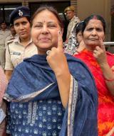 PATNA, INDIA - JUNE 1: RJD candidate from Pataliputra constituency Misa Bharti showing finger ink marks after cast vote during seventh and last phase of Lok Sabha election at Bihar Veterinary College on June 1, 2024 in Patna, India. (Photo by Santosh Kumar\/Hindustan Times