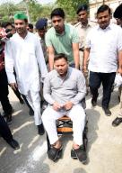 PATNA, INDIA - JUNE 1: RJD leader Tejashwi Yadav coming out after cast vote during seventh and last phase of Lok Sabha election at Bihar Veterinary College on June 1, 2024 in Patna, India. (Photo by Santosh Kumar\/Hindustan Times