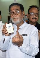 PATNA, INDIA - JUNE 1: BJP candidate from Pataliputra constituency Ramkripal Yadav showing finger ink marks after cast vote during seventh and last phase of Lok Sabha election at Jamal road on June 1, 2024 in Patna, India. (Photo by Santosh Kumar\/Hindustan Times