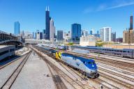 Skyline with an Amtrak train railway at Union Station in Chicago, USA, North