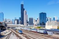 Skyline with Amtrak trains railway railway at Union Station in Chicago, USA, North
