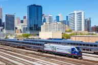 Skyline with Amtrak Midwest train railway at Union Station in Chicago, USA, North