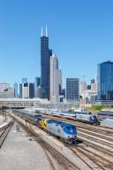 Skyline with Amtrak Southwest Chief train railway at Union Station in Chicago, USA, North