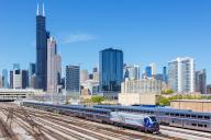 Skyline with Amtrak Midwest train railway at Union Station in Chicago, USA, North
