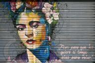 Frida Kahlo portrait on a garage door, Coyoacan, Mexico