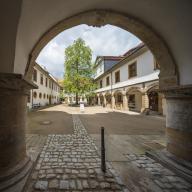 View through the archway into the castle courtyard of Tenneberg Castle, Waltershausen, Thuringia, Germany