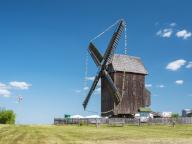 Zwochau mill, trestle windmill, windmill decorated with pennants for Mill Day, Zwochau, Saxony, Germany