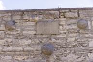 Historic old town centre. Cannonballs in the city wall of the siege of 1212, Bad Langensalza, Thuringia, Germany