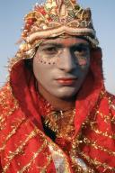 Portrait, bahrupiya, India, tradition, face painting, street performer, impersonating goddess Durga