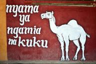 Mural painting, advertisement, butchers shop, dromedary meat, chicken meat, swahili language