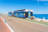 Diving school on the Moll de Llevant promenade, a 4.5 km long promenade for joggers, walkers, cyclists and skaters at the harbour of Tarragona, Spain