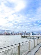 Waterfront promenade, Williamsburg, with view of Manhattan Bridge and across the East River to the Manhattan skyline, New York City, USA, North