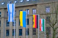 Flags of Israel, Ukraine, Germany and North Rhine-Westphalia, Düsseldorf, Germany