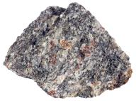 Garnet Gneiss, Non Foliated, Oka, Quebec A coarse-grained gneiss composed mainly of hornblende, plagioclase, and garnet (red