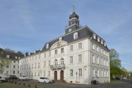 Baroque old town hall, inscription, town hall, spire, white, Schlossplatz, Saarbrücken, Saarland, Germany
