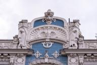Art Nouveau building, designed by Michail Eisenstein, blue façade with sculptures, Riga, Latvia