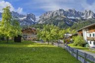 Farmhouse in Going am Wilden Kaiser, trees and blue sky, Kaiser Mountains, Going am Wilden Kaiser, Tyrol, Austria