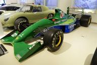 JORDAN 191 F1 MICHAEL SCHUHMACHER, A green Jordan Formula 1 racing car with sponsors in a showroom, AUTOMUSEUM PROTOTYP, Hamburg, Hanseatic City of Hamburg, Germany
