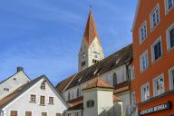 Crescentia Monastery with church tower and clock, Kaufbeuern, Allgäu, Swabia, Bavaria, Germany