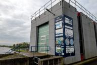 Information boards at the Nieuwe Statenzijl lock, municipality of Oldambt, Dollart, Dollard, province of Groningen