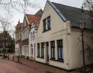 Row of historic houses on Norderstraße in the small town of Weener, district of Leer, Rheiderland, East Frisia, Lower Saxony, Germany