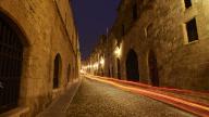 Knights Street, Abandoned medieval street at night with light traces of vehicles, night shot, Rhodes Old Town, Rhodes, Dodecanese, Greek Islands, Greece
