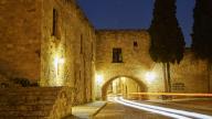 Long exposure shot with light strips on a historic building at night, night shot, Rhodes Old Town, Rhodes, Dodecanese, Greek Islands, Greece