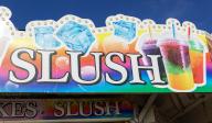 Sign for iced Slush at seaside food takeaway fast food business, Felixstowe, Suffolk, England