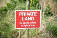 Private Land No public access or right of way sign, in countryside, Alderton, Suffolk, England