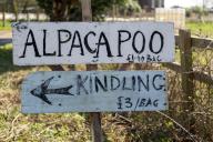 Sign for Bags of Alpaca poo and kindling on sale, Bawdsey, Suffolk, England