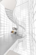 Futuristic white staircase with curved lines in an interior, Deutsche Kinematik, Berlin, Germany